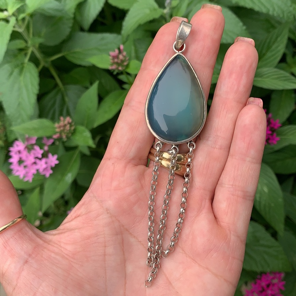 Sterling Tear Drop Glass Dangle Chain Pendant - Picture 17 of 17